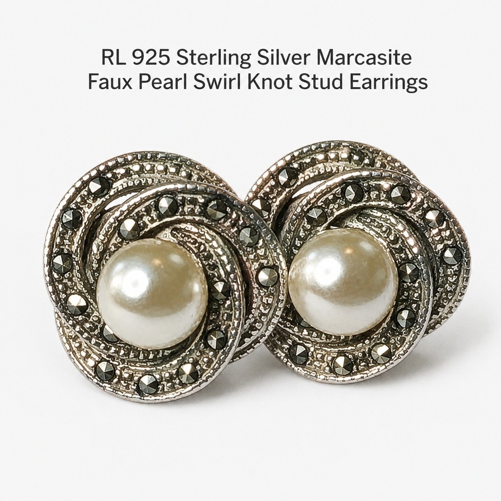 RL 925 Sterling Silver Marcasite Faux Pearl Swirl Knot Stud Earrings Vintage